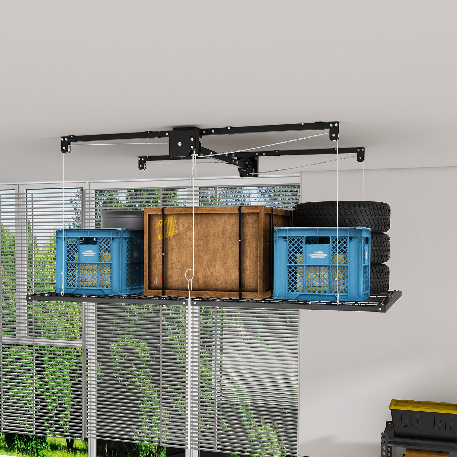 Overhead Garage Storage Rack For High Ceilings &amp; Safety Lock - Black