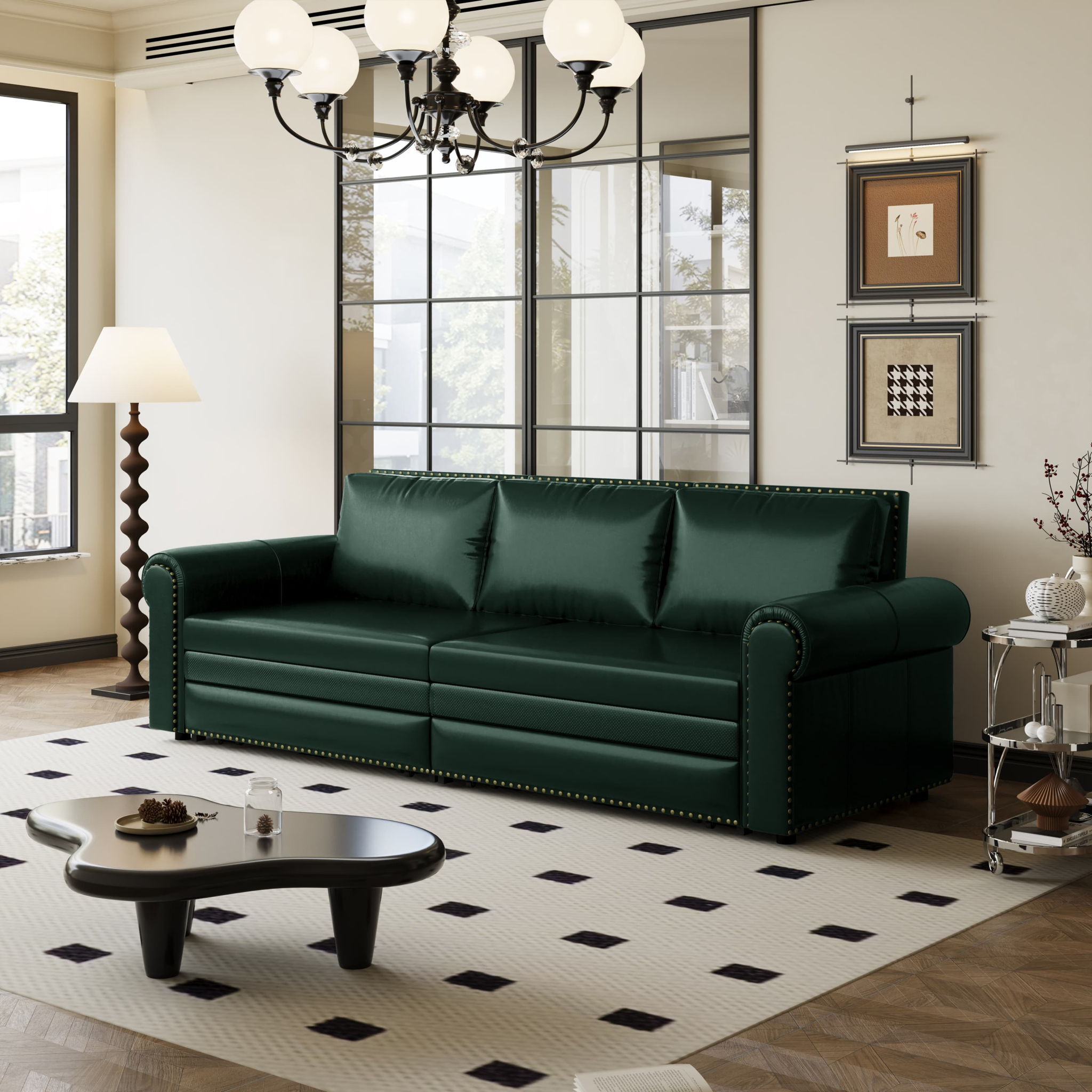 3 In 1 Convertible Sleeper Sofa With Nailhead Trim &amp; Rolled Arm