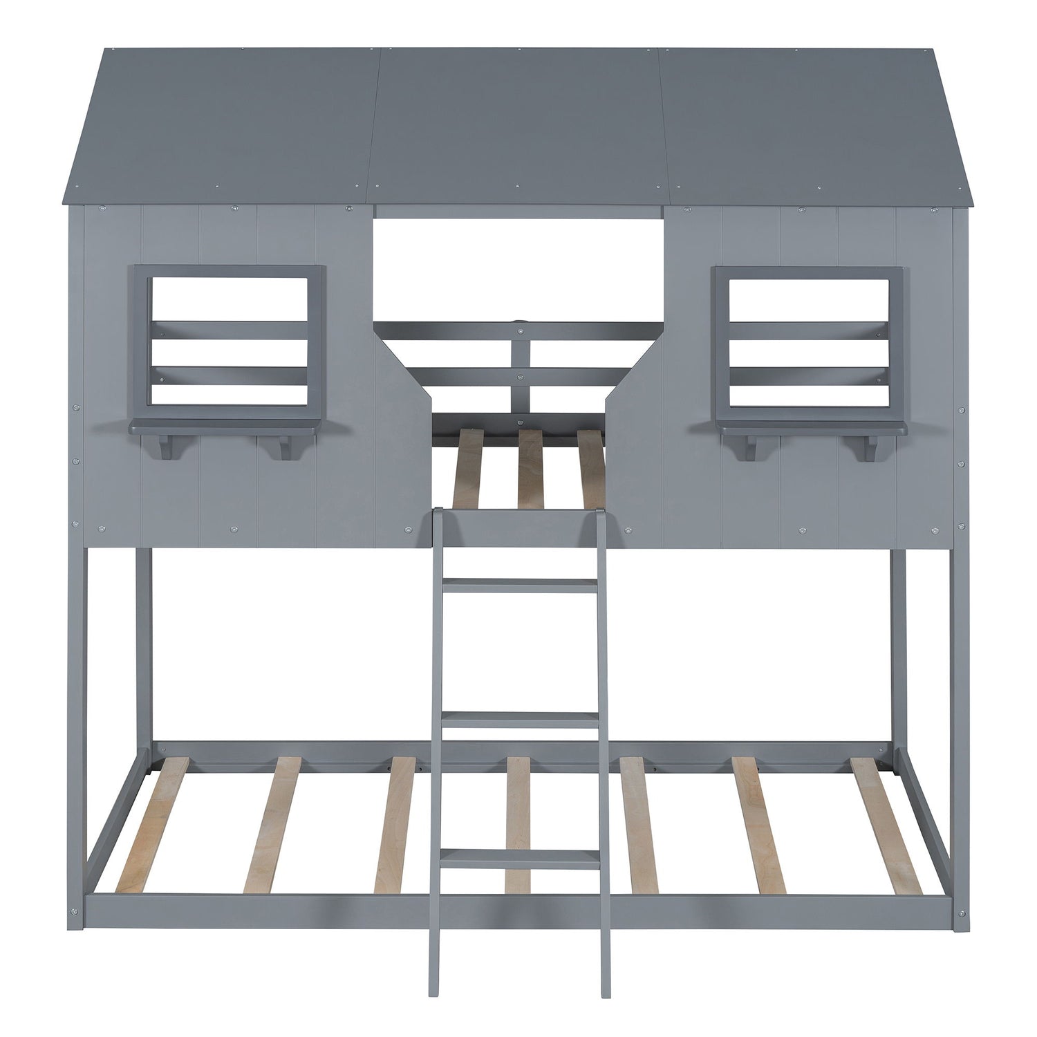 Twin Over Twin Bunk Bed With Roof, Window, Guardrail, Ladder