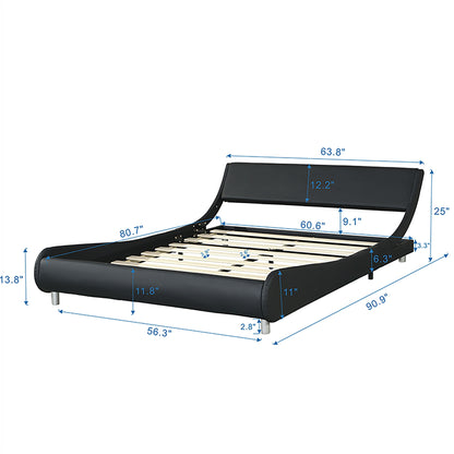 Queen Size Upholstered Platform Bed Frame, LED Lighting With Remote Controller And App, Curve Design, Wood Slat Support, No Box Spring Needed - Black / White