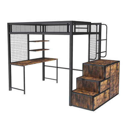 Heavy Duty Full Loft Bed With Desk &amp; USB Charging Metal Frame With Storage Drawers And Staircase - Black