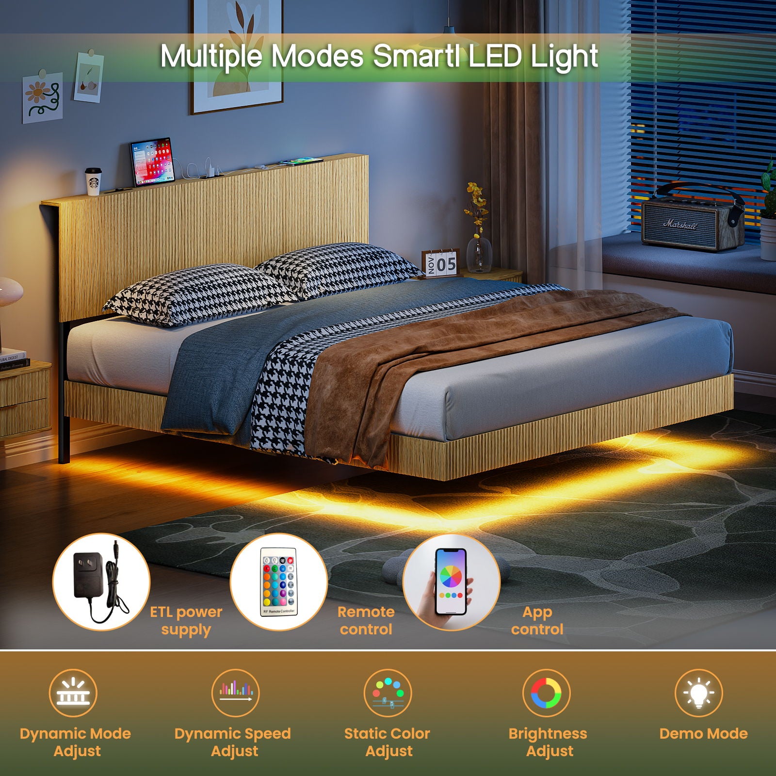 Floating Bedstead With Charging Station And LED Lights