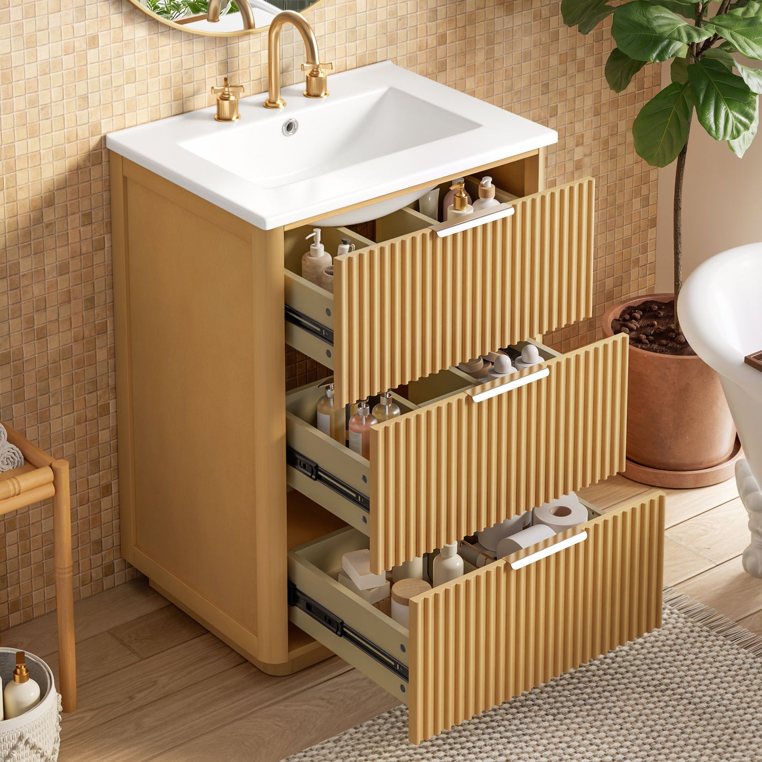 Bathroom Vanity With Sink, Open Shelf &amp; Closed Storage - Natural Wood