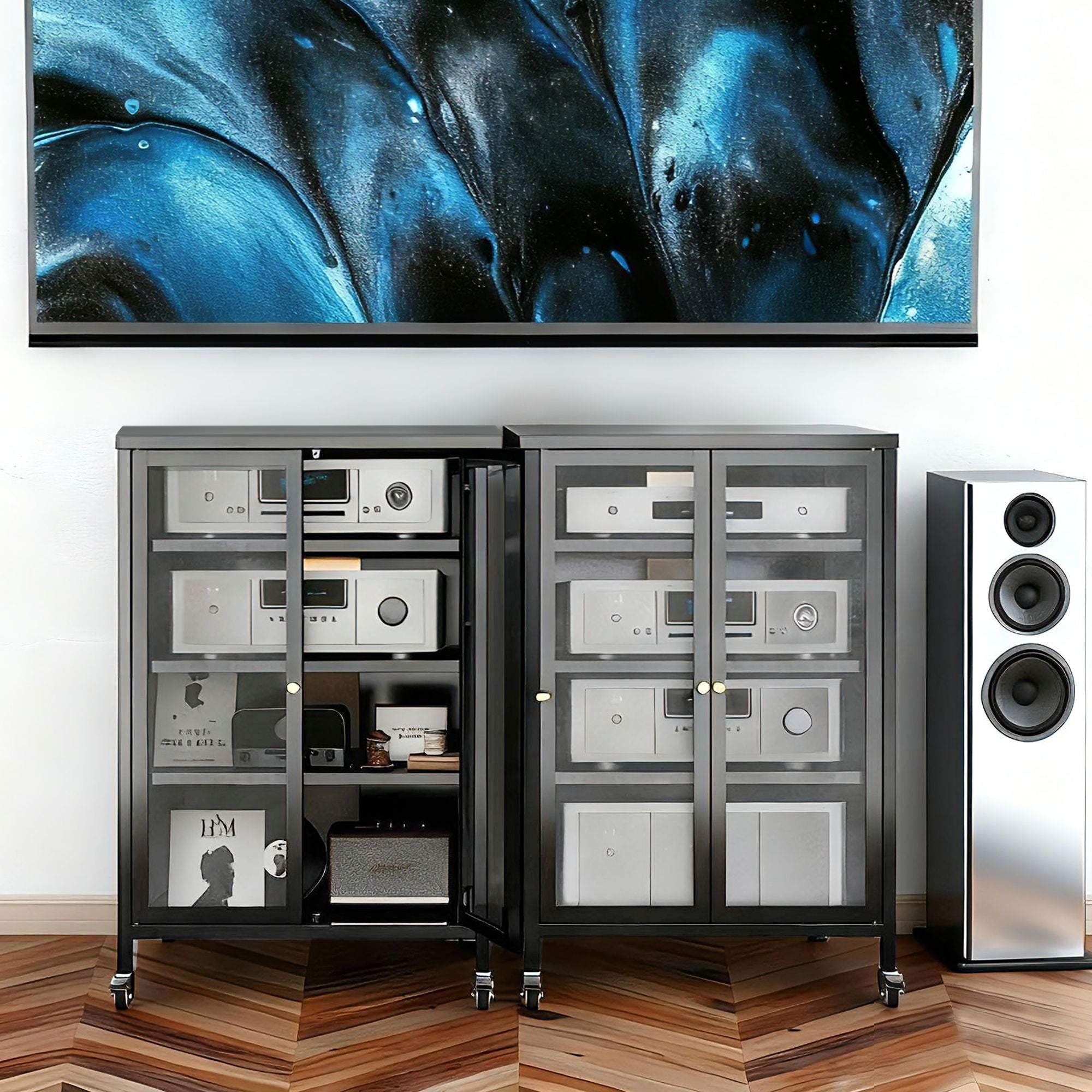 Media Storage Cabinet With Wheels, 4 Adjustable Glass Shelves &amp; Door, Heavy-Duty - Black