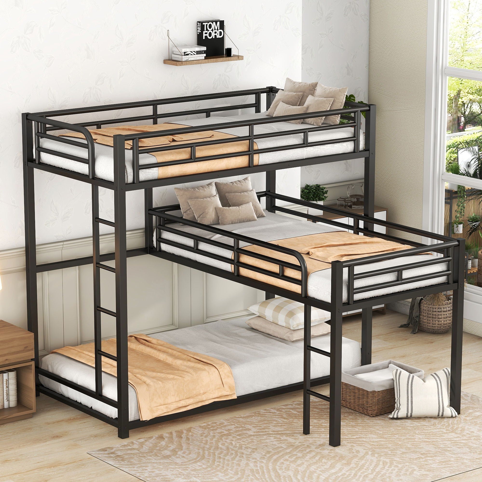 L-Shaped Triple Twin Size Bunk Bed, Industrial Design With Integrated Ladder And Full Length Guardrails - Black