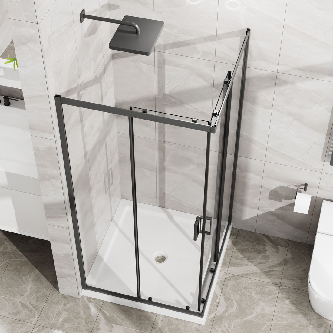 Corner Shower Enclosure, Double Sliding Door &amp; Shower Base - Matte Black