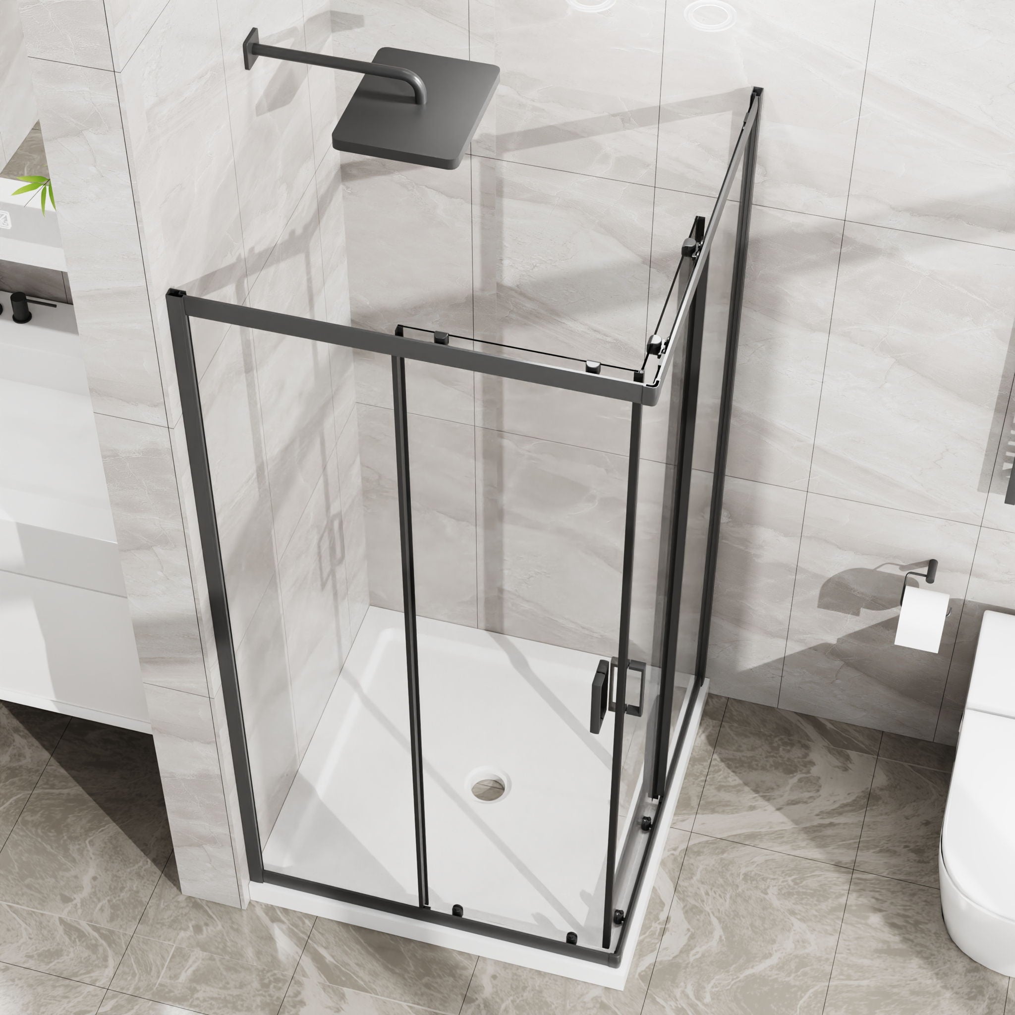 Corner Shower Enclosure, Double Sliding Door &amp; Shower Base - Matte Black