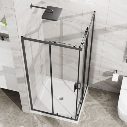Corner Shower Enclosure, Double Sliding Door &amp; Shower Base - Matte Black