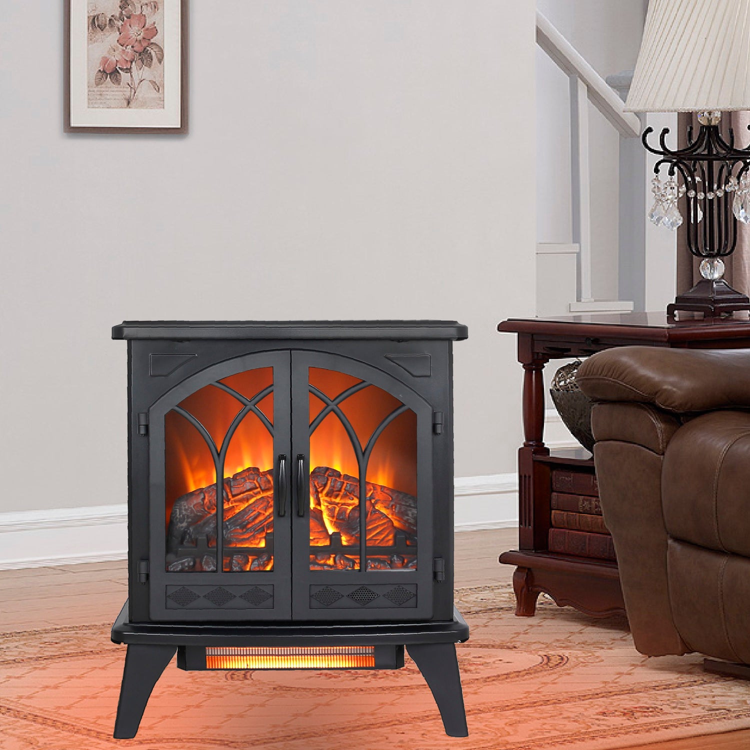 24&quot; 3D Flame Electric Infrared Quartz Fireplace Stove With Remote Control - Antique Black