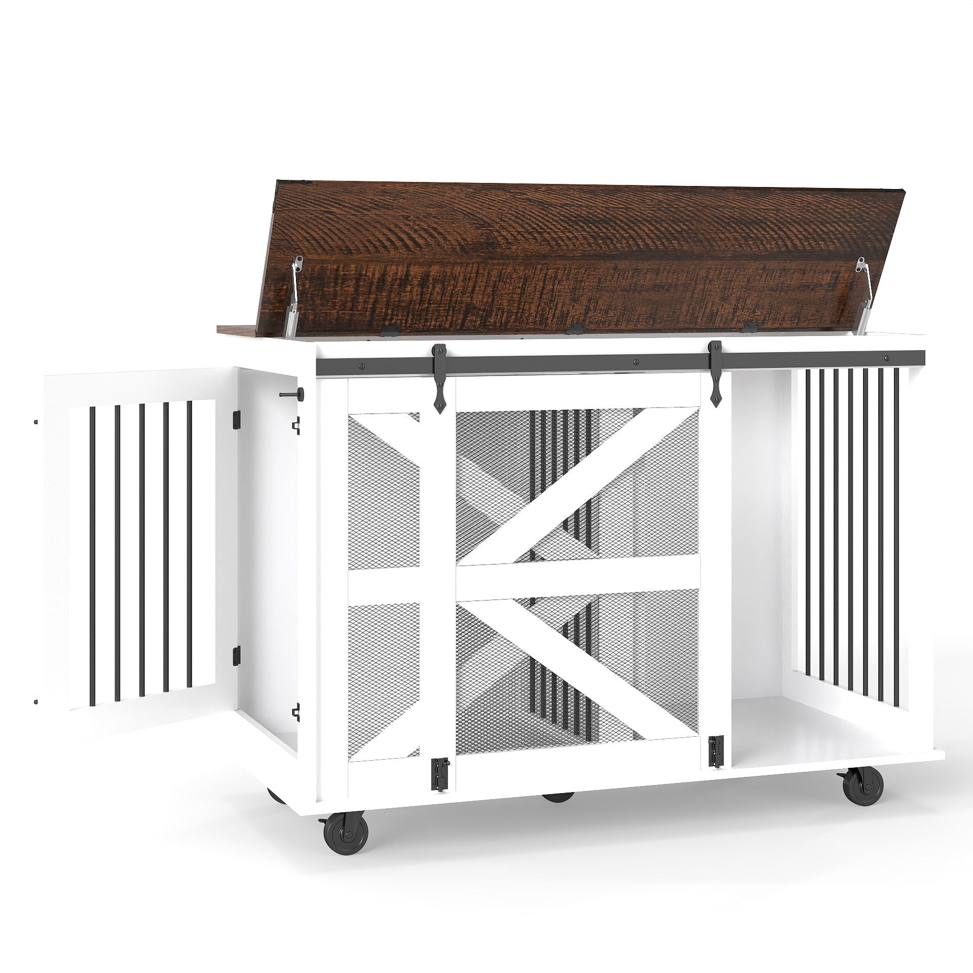 Mobile Dog Crate With Flip Top Feeding Door, Dual Access &amp; 5 Caster System (2 Locking) - Brown White