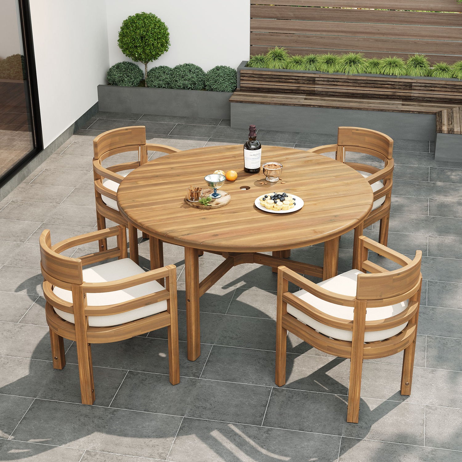 5 Piece Round Patio Table &amp; Cushioned Armrest Chairs, Outdoor Dining Set With Umbrella Hole