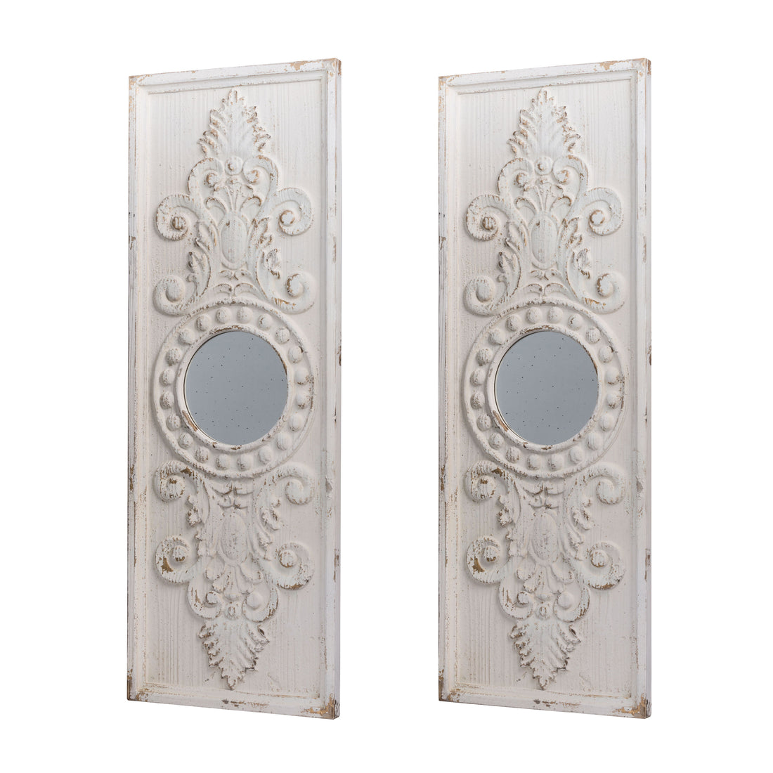 Large Wooden Wall Art Panels With Distressed Round Mirror Accents (Set of 2) - White