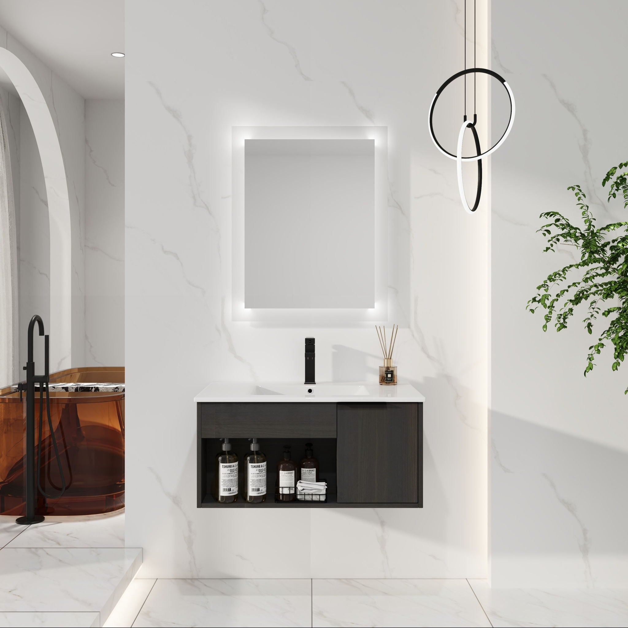 Wall Mounted Floating Bathroom Vanity With Open Shelf &amp; Soft Close Door