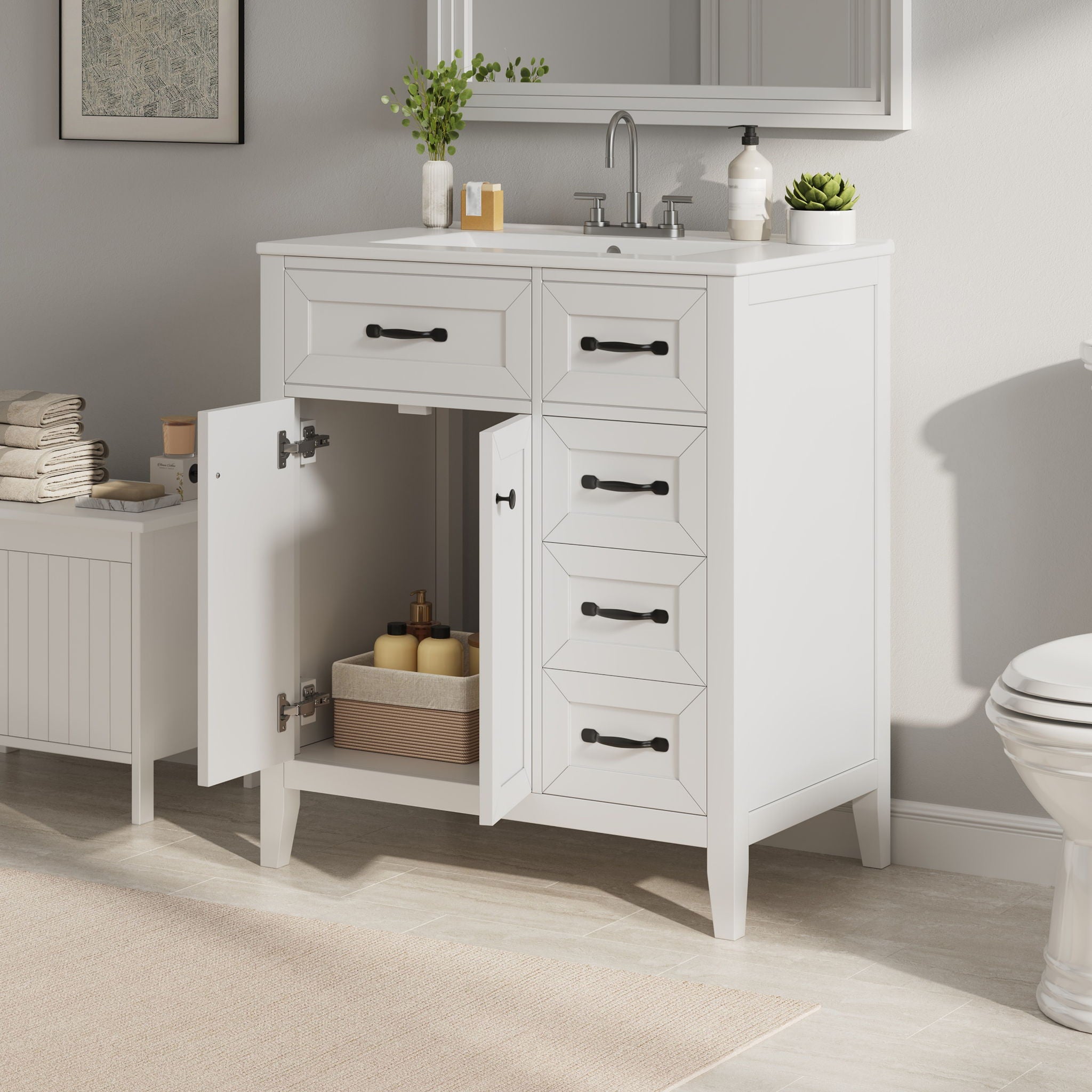 Bathroom Vanity With Sink, Freestanding Design, Soft Close Doors &amp; Drawers - White