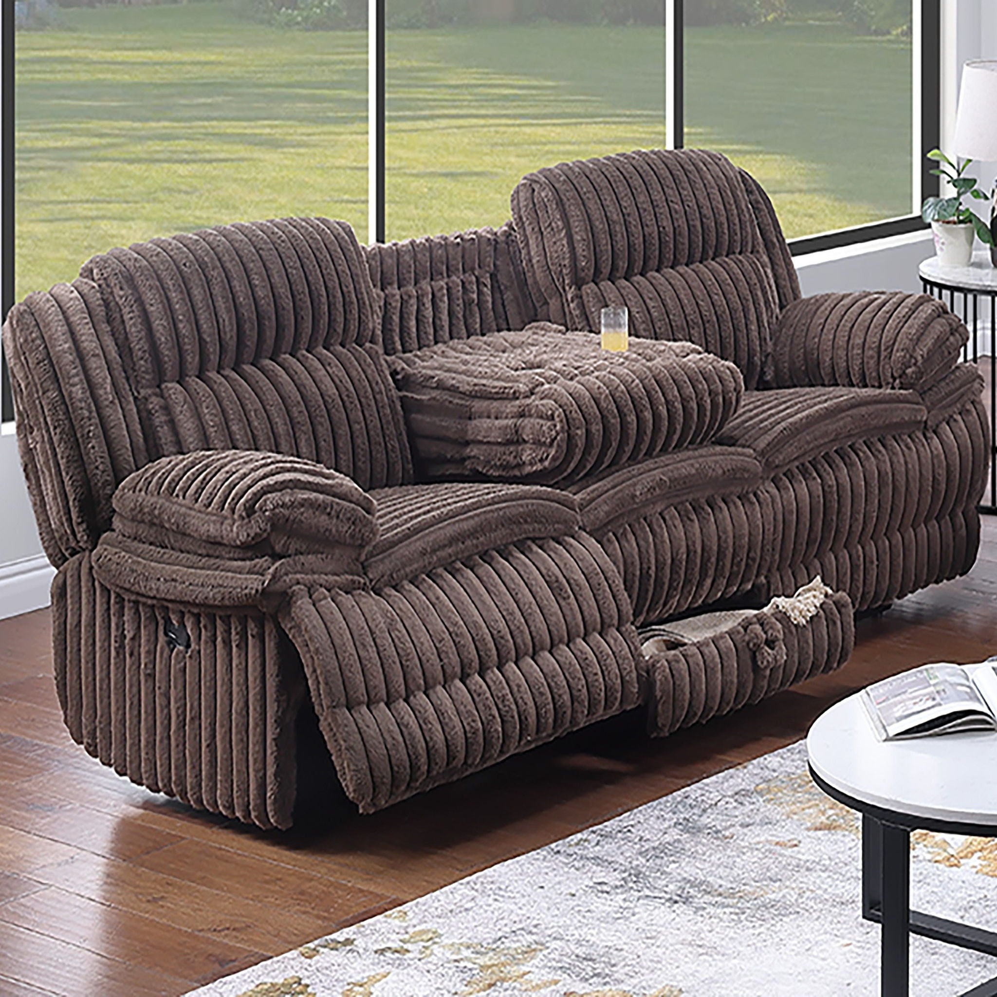 Motion Recliner Sofa With Fold-Down Table, Manual Recline, Charging Station &amp; Cup Holders