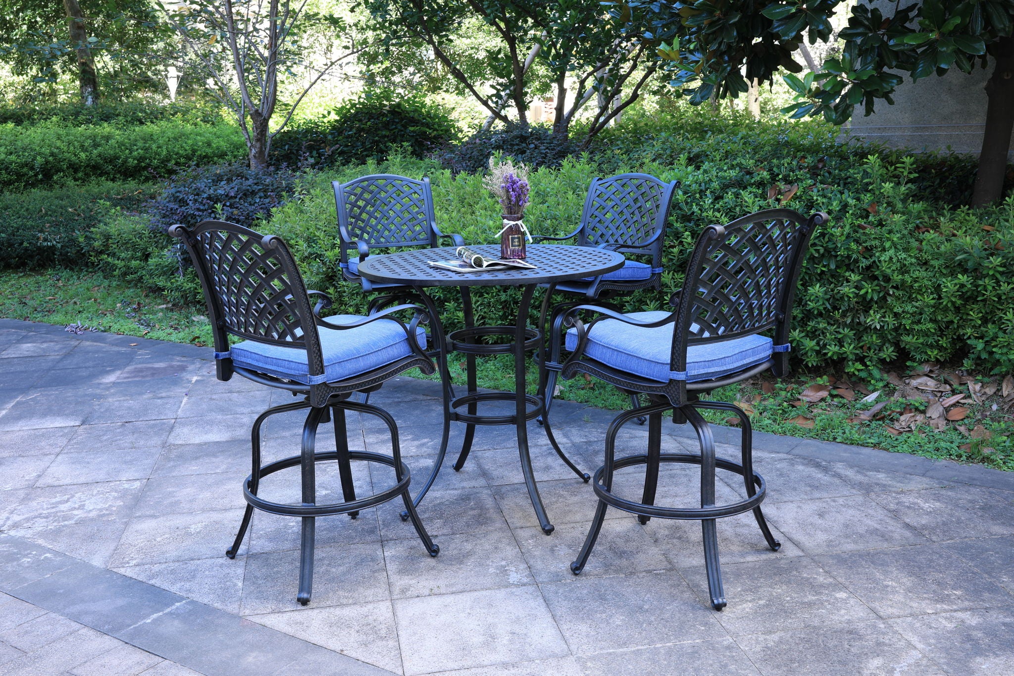 Round 41.97&quot; Long Bar Height Dining Set With Cushions