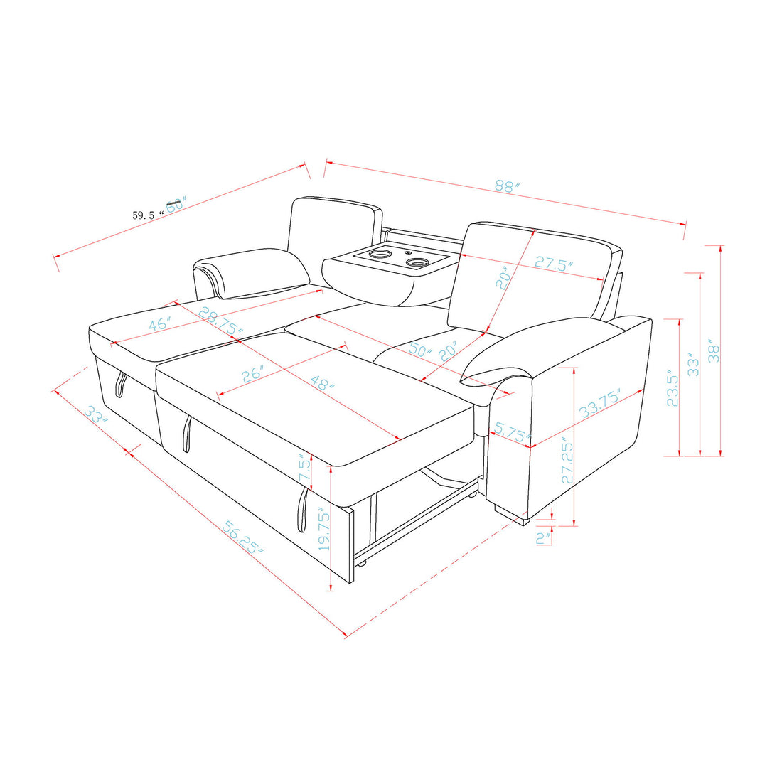 Rebecca - Sofa With Pull Out Bed, Storage Chaise, USB And Cup Holders - Dark Gray