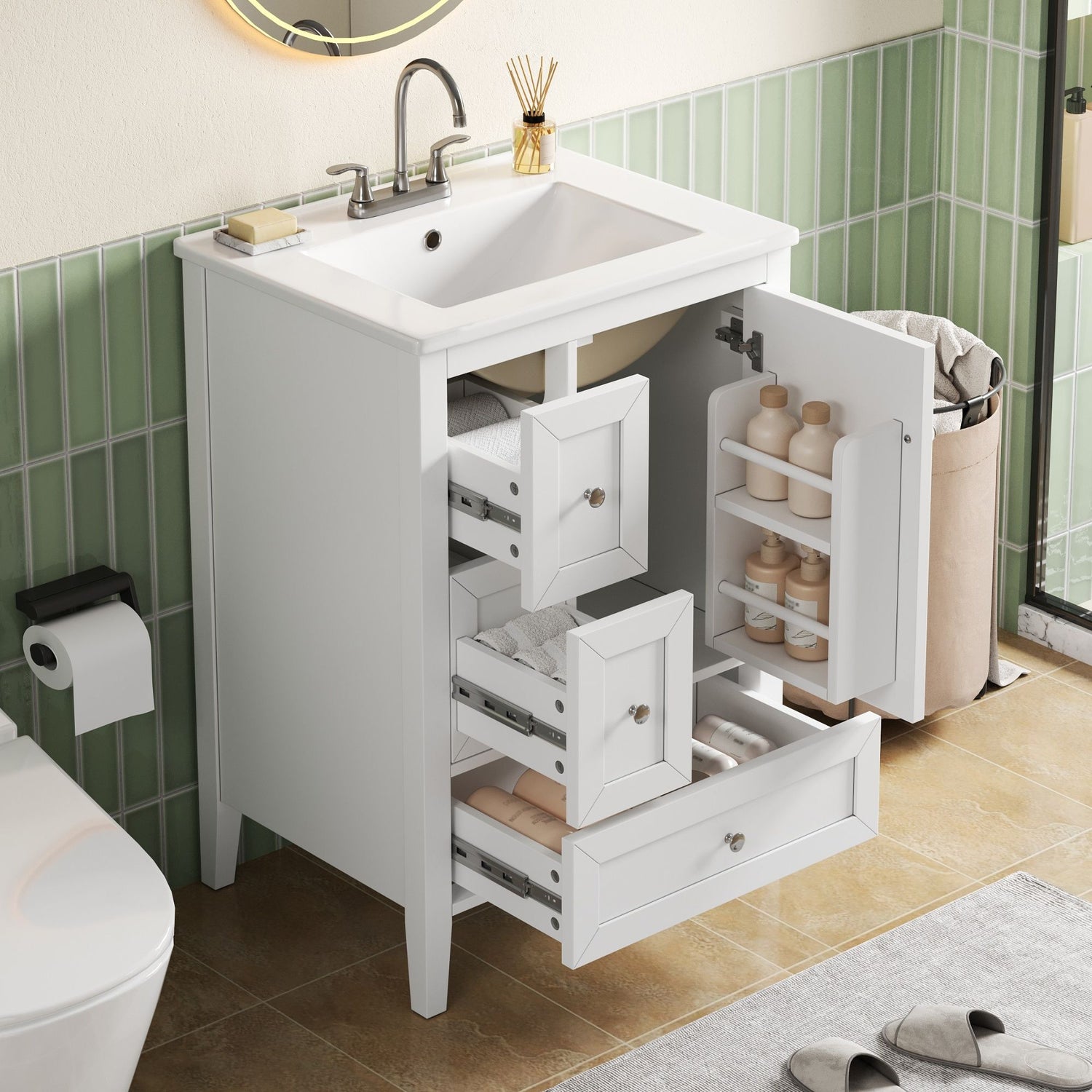 Modern Bathroom Vanity With Sink, Soft Close Drawers &amp; Door, Storage Rack