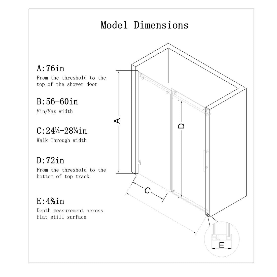 Frameless Single Sliding Soft Close Shower Door, 5 / 16&quot; Clear Nano Coated Tempered Glass And 304 Stainless Steel Handle - Matte Black