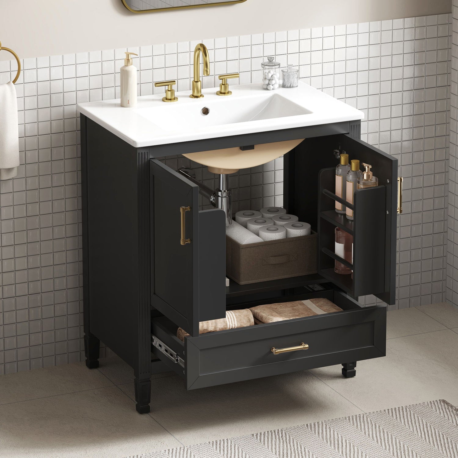 Elegant Fluted Bathroom Vanity With Sink, Soft Close Doors &amp; Drawer