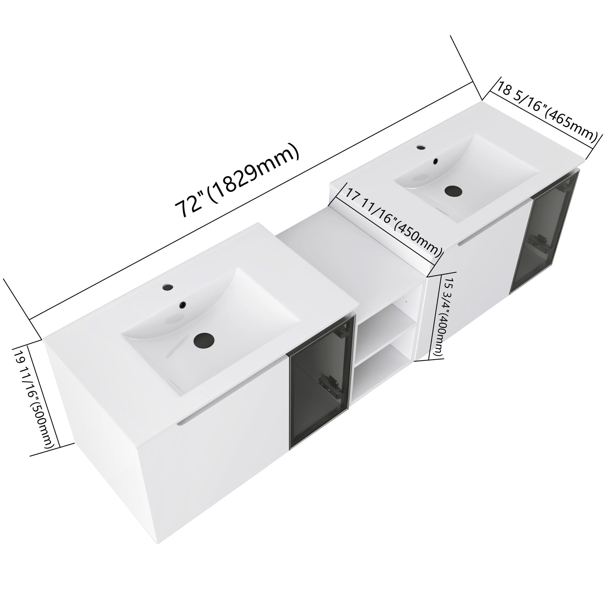 Wall Mounted Bathroom Vanity With Sink, Soft Close Doors, Cabinet &amp; Half Door