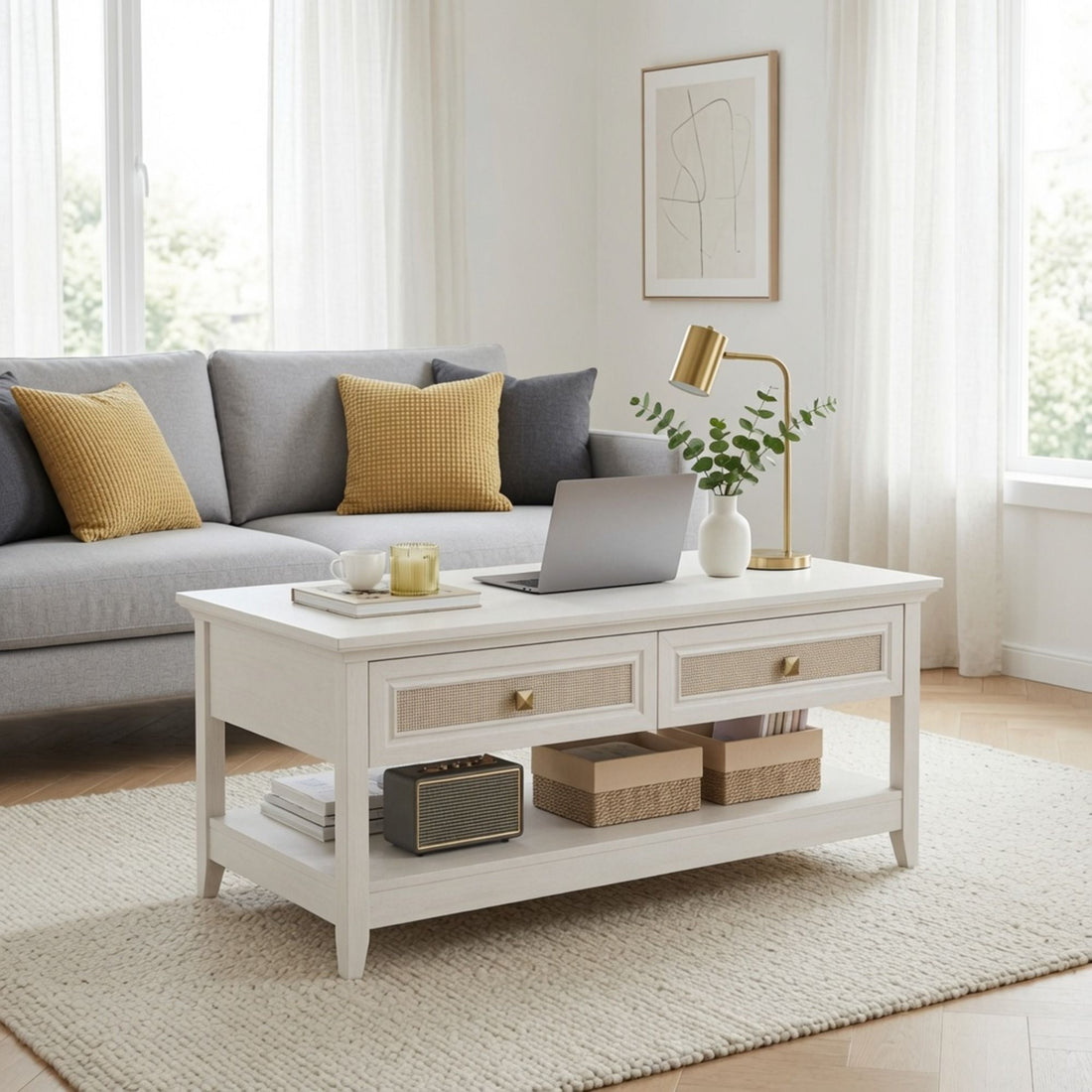 Coffee Table With Drawers &amp; Storage Shelf - White