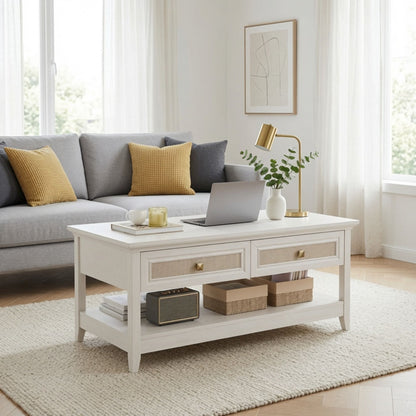 Coffee Table With Drawers &amp; Storage Shelf - White