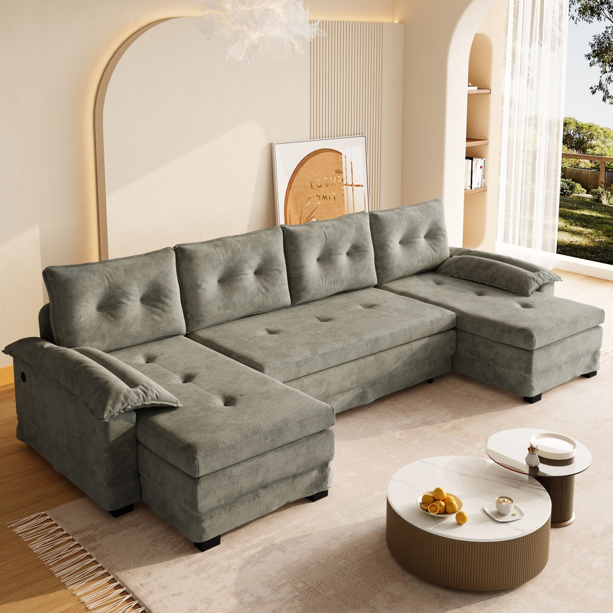 U-Shaped Sleeper Sofa With Pull Out Bed, Removable Armrests &amp; USB Ports For Living Room