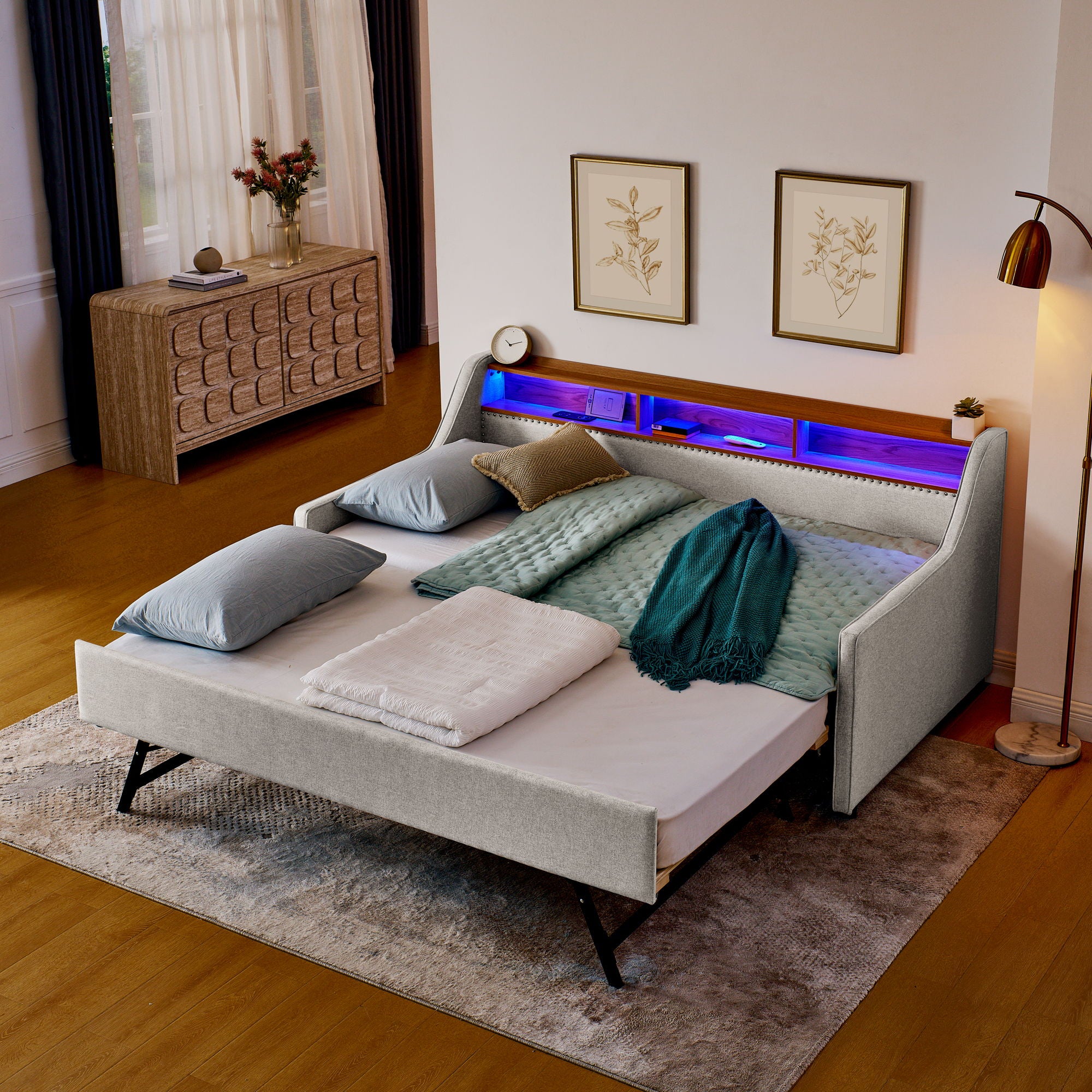 Upholstered Sofa Bed With LED Lights, Storage Headboard, Foldable Trundle &amp; Wireless Charging