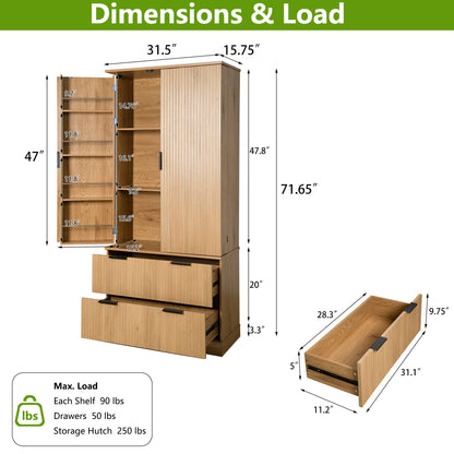 Fluted Kitchen Pantry Cabinet With 2 Large Drawers &amp; 8 Door Spice Rack Freestanding Storage Organizer - Oak
