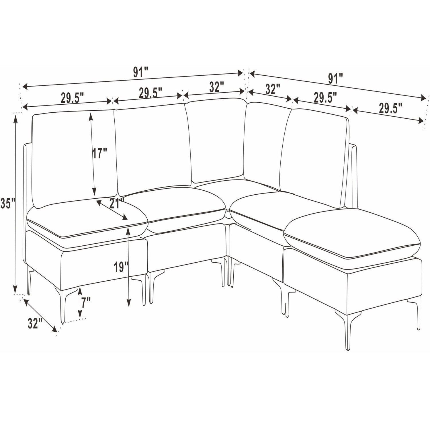 Upholstered Modular Sectional With Tall Legs, Medium Firm Seat