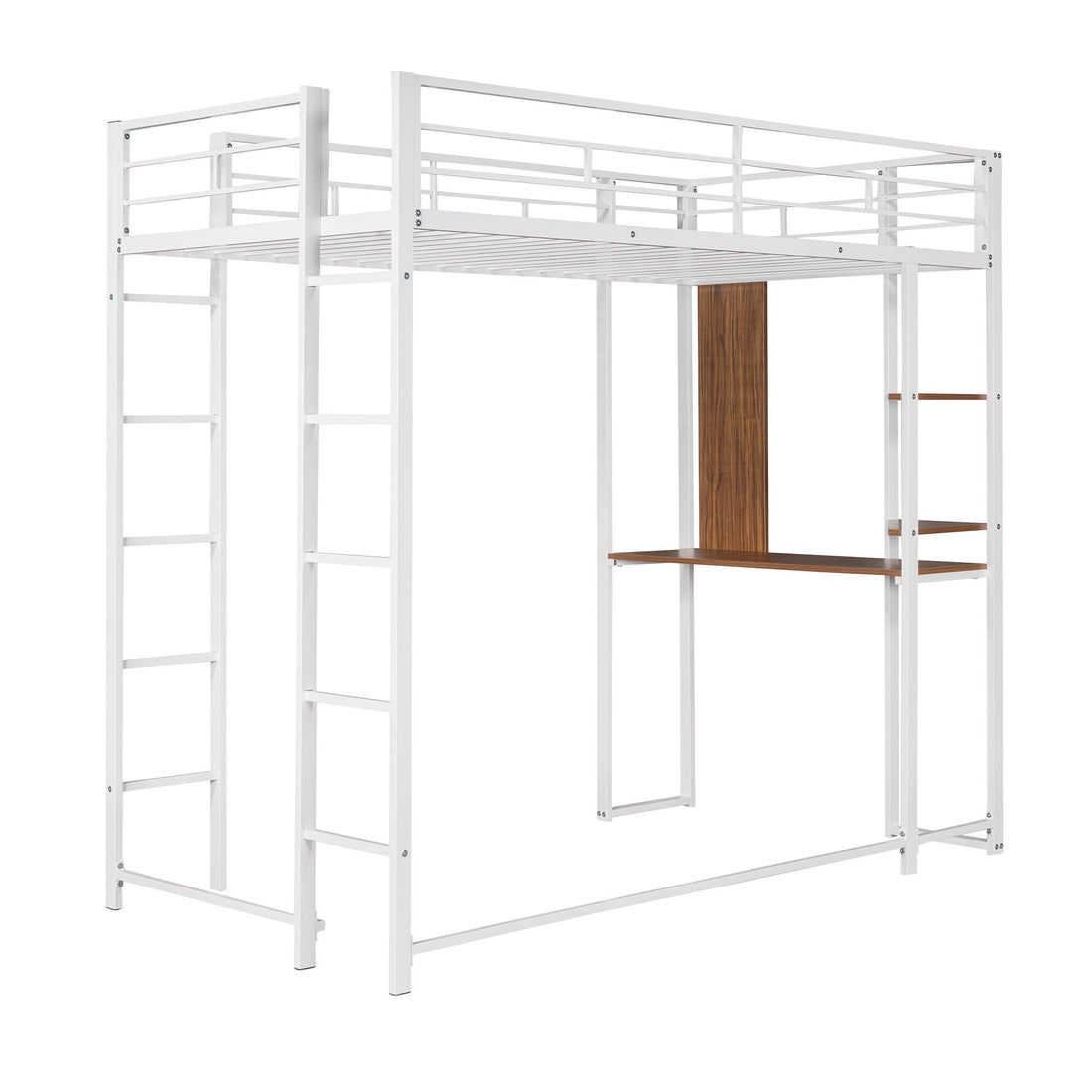 Hearth &amp; Haven - Twin Metal Loft Bed With 2 Shelves And One Desk - White