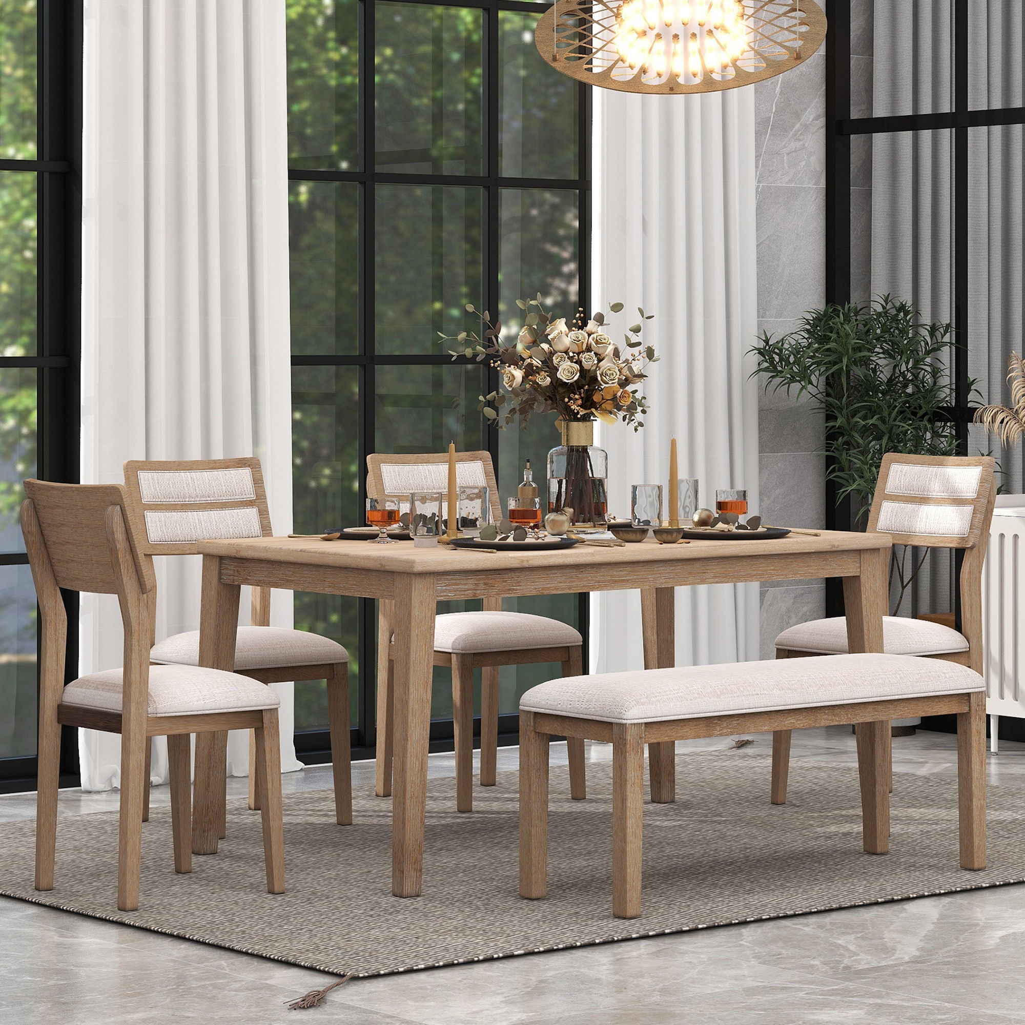 Dining Set Classic And Traditional Style, Includes Dining Table, 4 Upholstered Chairs &amp; Bench