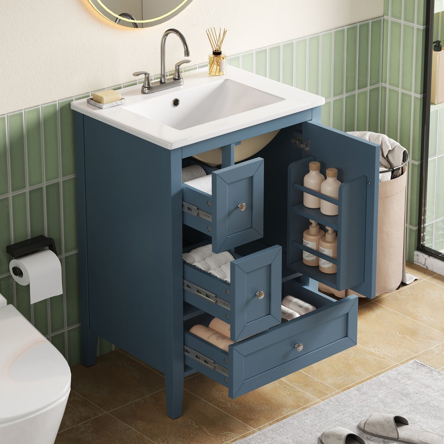 Modern Bathroom Vanity With Sink, Soft Close Drawers &amp; Door, Storage Rack