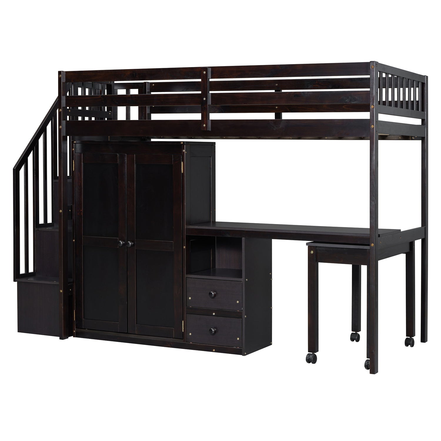 Loft Bed With Stairs, Bookshelf, Drawers, Desk &amp; Wardrobe, Space Saving Multifunctional Furniture