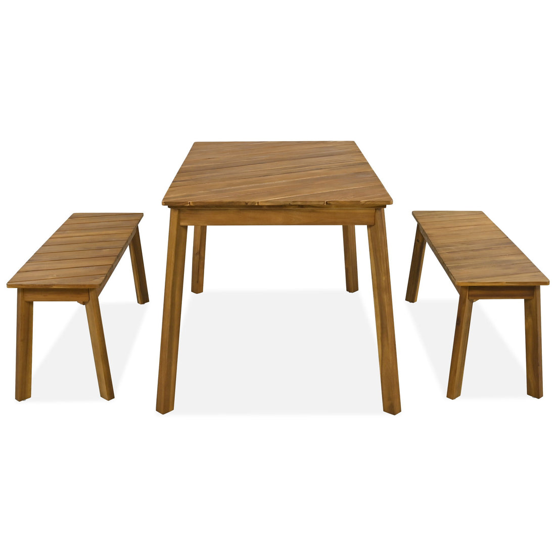 3 Pieces Acacia Wood Table Bench Dining Set For Outdoor &amp; Indoor Furniture With 2 Benches, Picnic Beer Table For Patio, Porch, Garden, Poolside - Natural