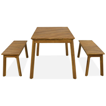 3 Pieces Acacia Wood Table Bench Dining Set For Outdoor &amp; Indoor Furniture With 2 Benches, Picnic Beer Table For Patio, Porch, Garden, Poolside - Natural