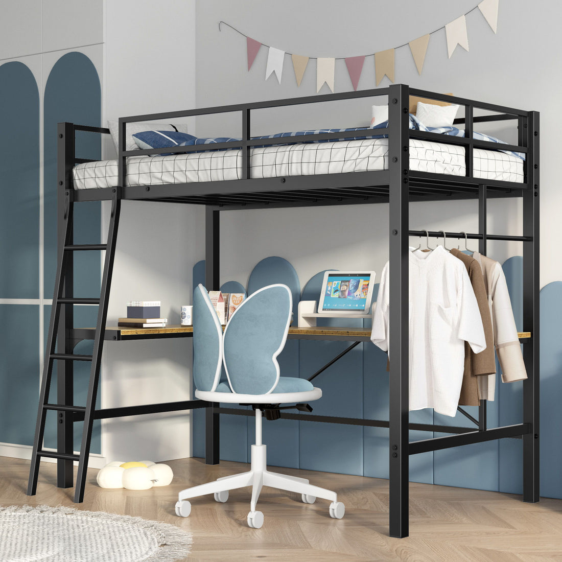 Twin Metal Loft Bed With L - Shaped Desk, Charging Station Loft Bed Frame Twin Size, Safety Guard &amp; Ladder, No Box Spring Needed - Black