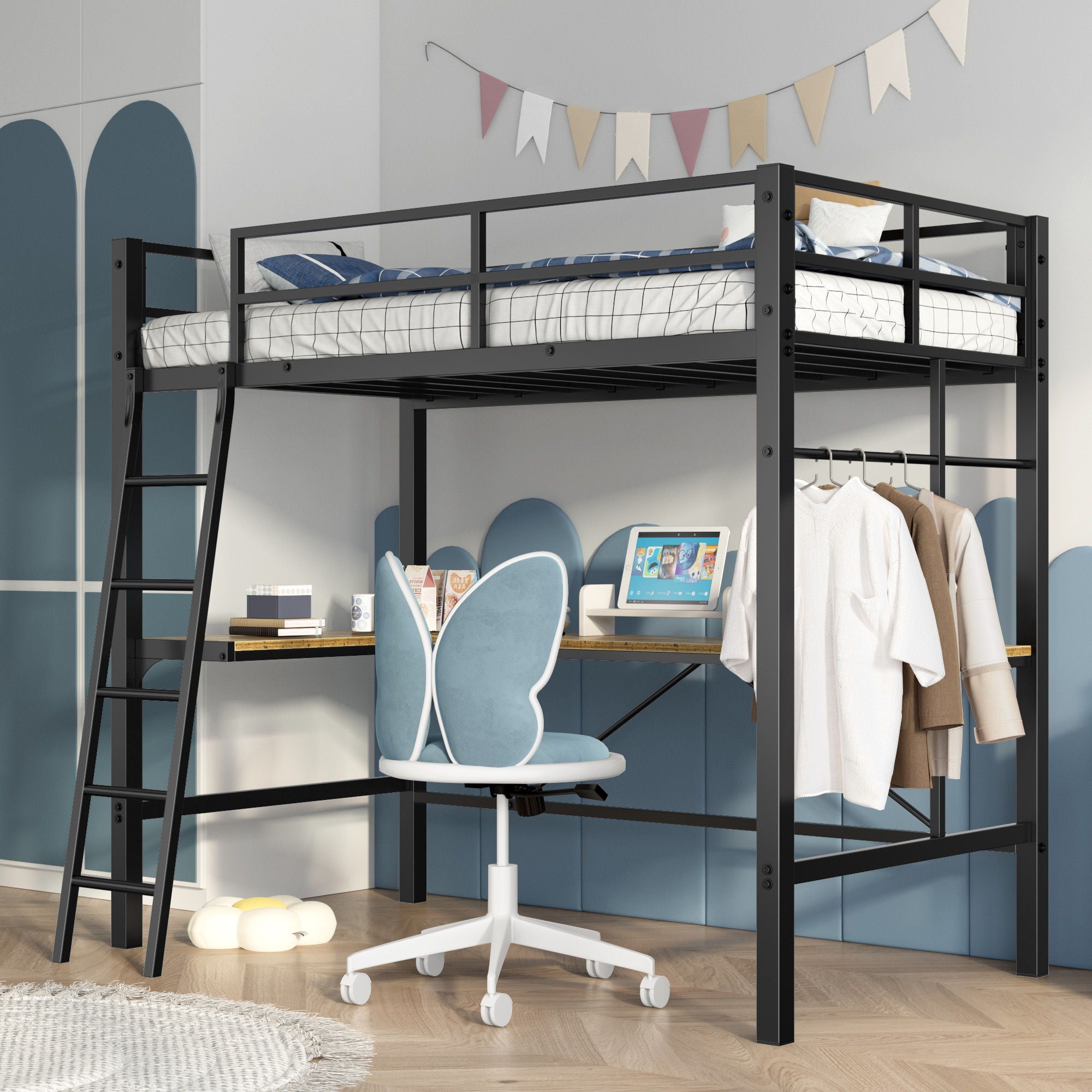 Twin Metal Loft Bed With L - Shaped Desk, Charging Station Loft Bed Frame Twin Size, Safety Guard &amp; Ladder, No Box Spring Needed - Black