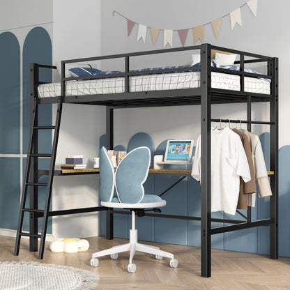 Twin Metal Loft Bed With L - Shaped Desk, Charging Station Loft Bed Frame Twin Size, Safety Guard &amp; Ladder, No Box Spring Needed - Black