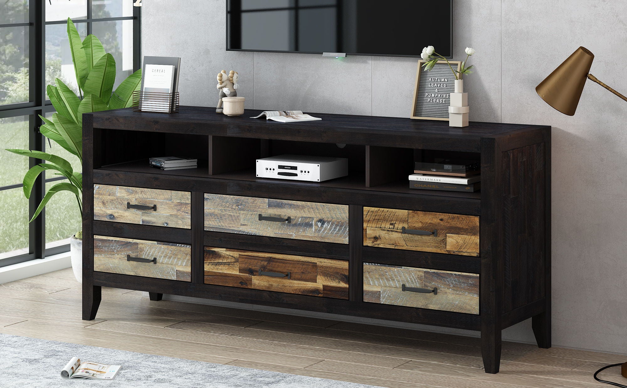 Retro Distressed Wooden TV Stand For TVs Up To 65&quot;, Entertainment Center Media Console With 6 Drawers And 3 Shelves For Living Room