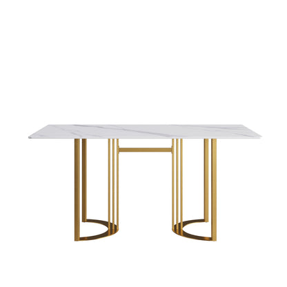 63&quot; Modern Artificial Stone Straight Edge Metal Leg Dining Table, 6 People - White / Gold