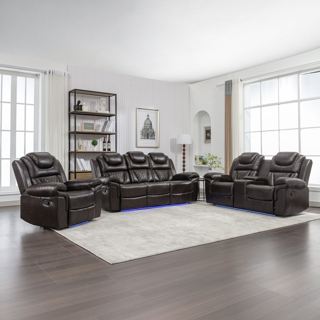 3 Pieces Recliner Sofa Sets Home Theater Seating Manual Recliner Chair &amp; Center Console And LED Light Strip For Living Room - Brown
