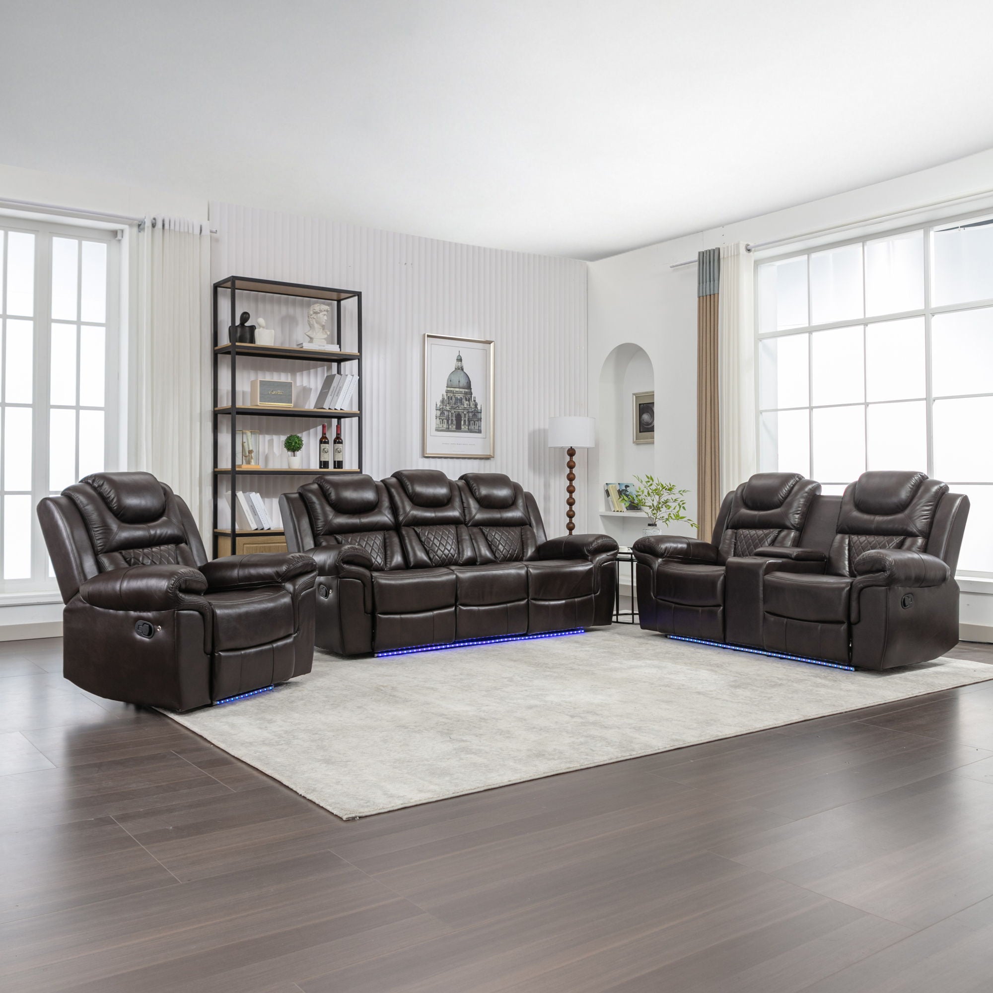 3 Pieces Recliner Sofa Sets Home Theater Seating Manual Recliner Chair &amp; Center Console And LED Light Strip For Living Room - Brown