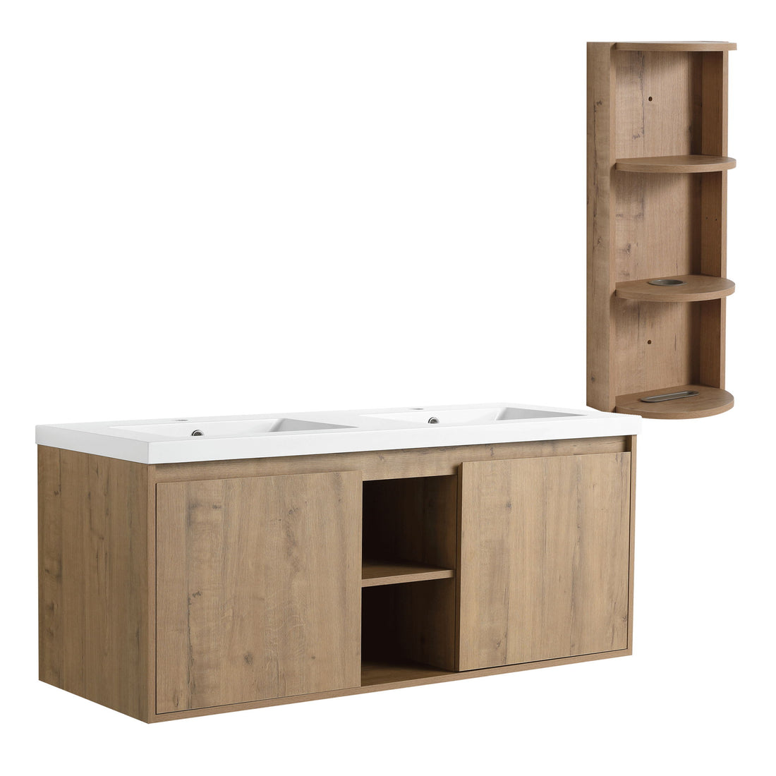 48&quot; Wall Mounted Bathroom Vanity With Double Resin Sink And Storage Rack Soft Close Doors Plywood Construction - Imitative Oak