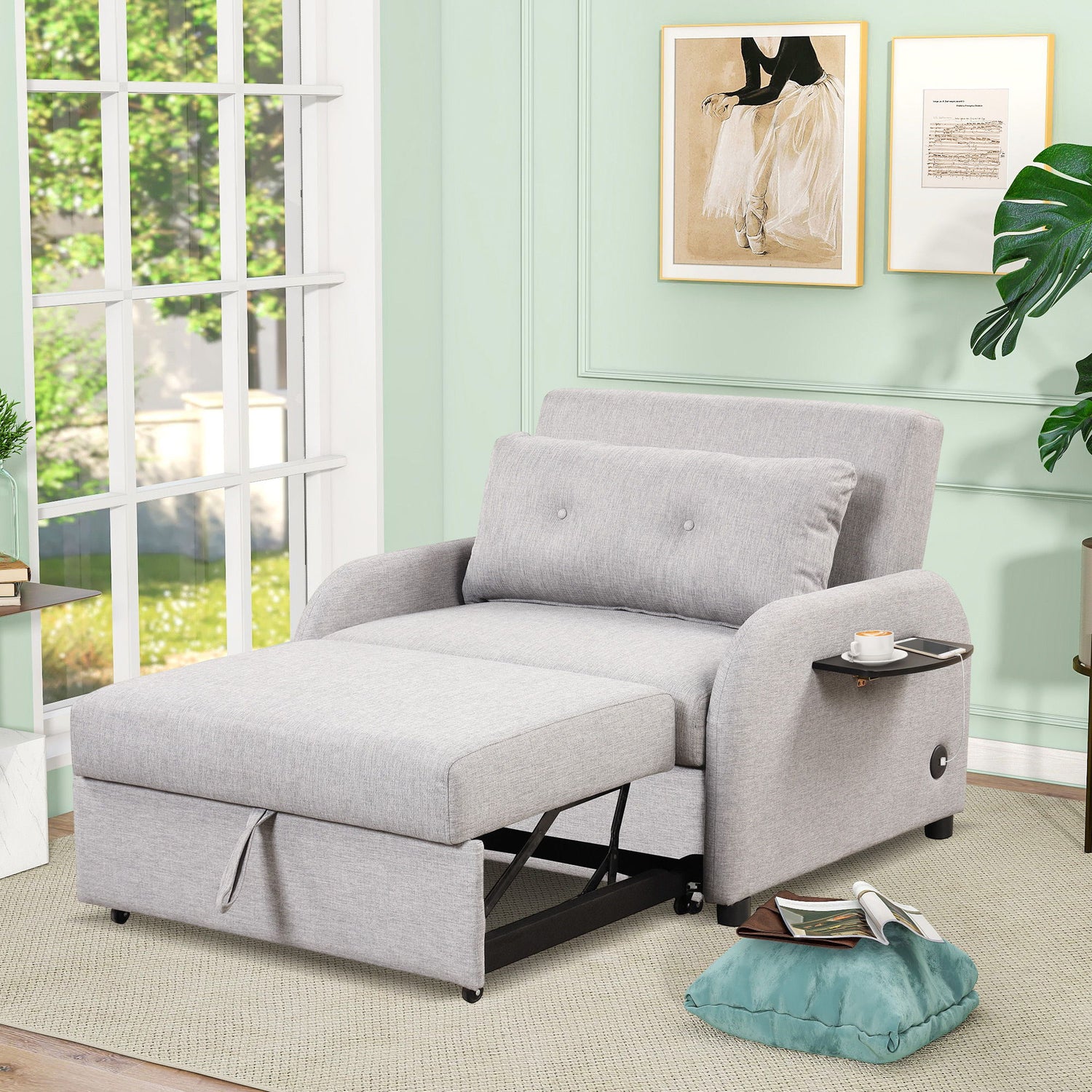 Versatile Pull Out Sofa Sleeper 3 In 1 With Wing Table &amp; USB Charge, Compact Design