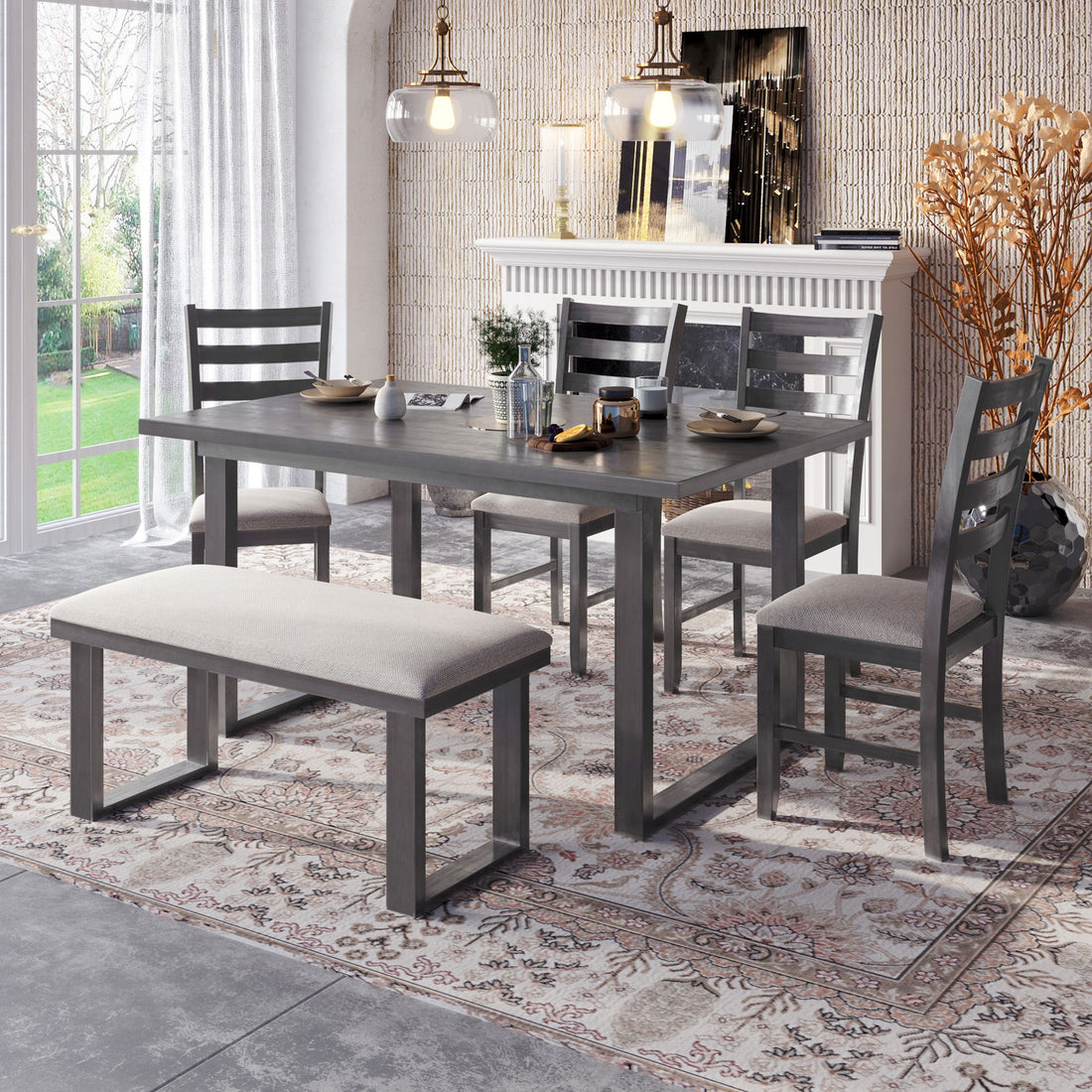 6 Pieces Family Furniture, Solid Wood Dining Room Set With Rectangular Table &amp; 4 Chairs With Bench - Gray