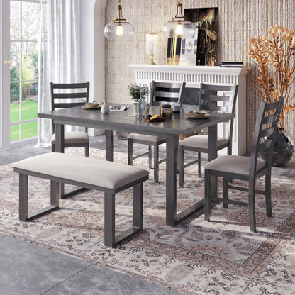 6 Pieces Family Furniture, Solid Wood Dining Room Set With Rectangular Table &amp; 4 Chairs With Bench - Gray