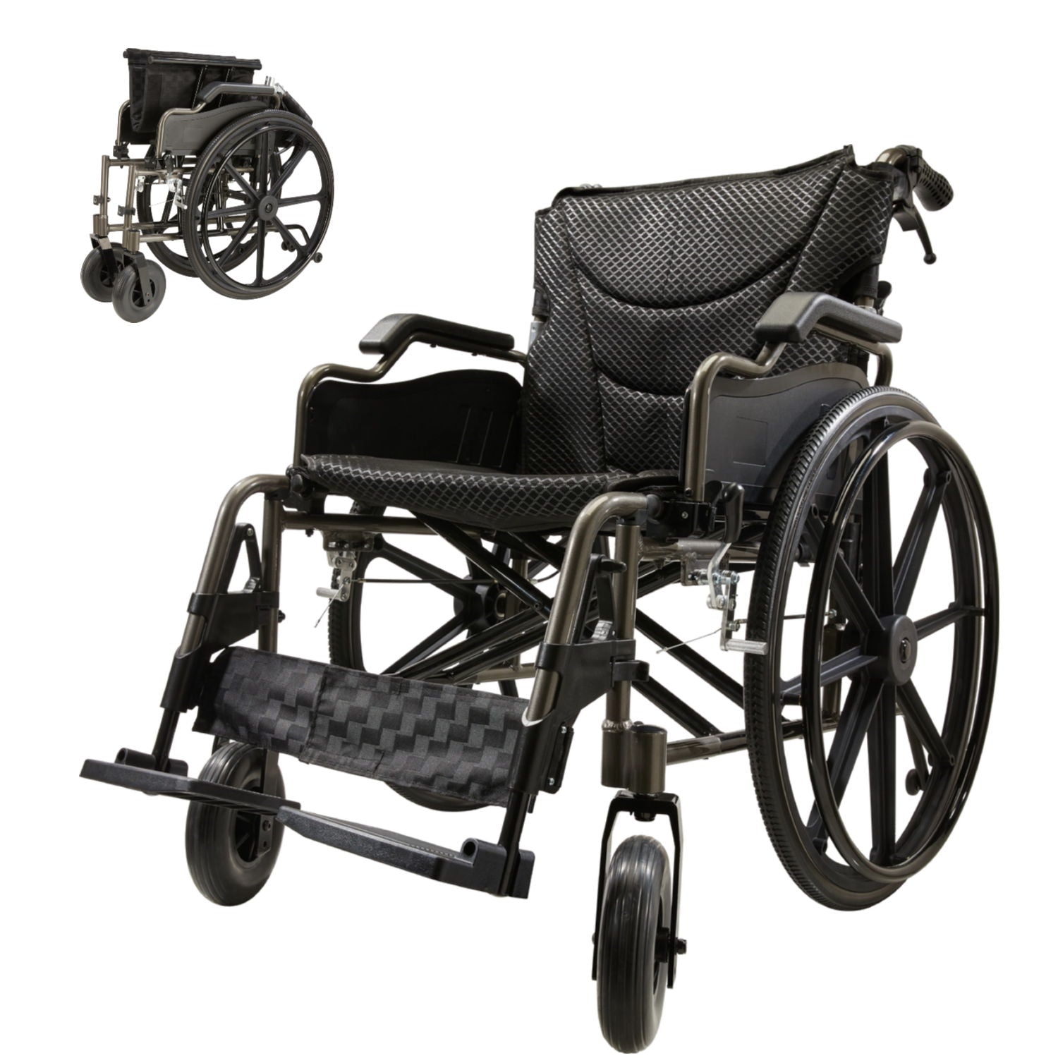 Lightweight Foldable Nursing Wheelchair For Adults Double X Force Support, 300Lbs Capacity, Breathable Cushion &amp; Anti Backflip Design With Tires, Adjustable Seat Belt, Quick Release Wheels - Gray