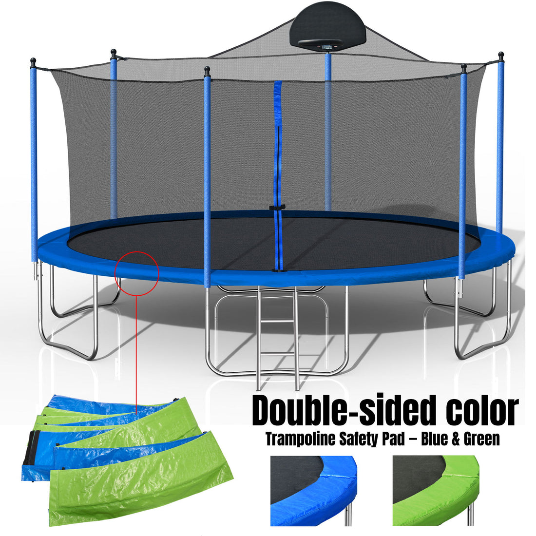 14Ft Trampoline For Adults &amp; Kids With Basketball Hoop, Outdoor Trampolines With Ladder And Safety Enclosure Net For Kids And Adults, Double-Side Color Cover - Blue